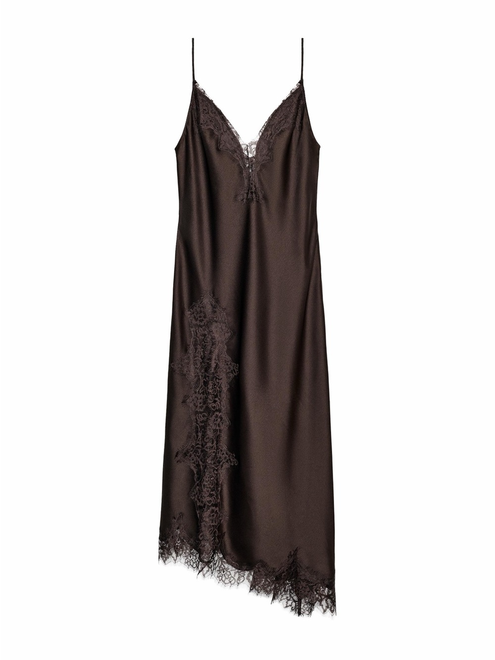 Zara Brown Satin Lace-Trim Slip Dress
